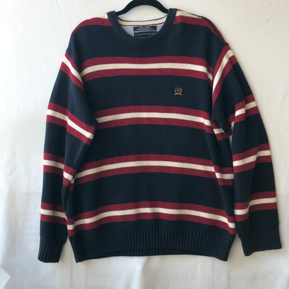 Vtg Tommy Hilfiger Red White Blue Cardigan Sweater Mens Size XL X-Large Stripes - Picture 2 of 10
